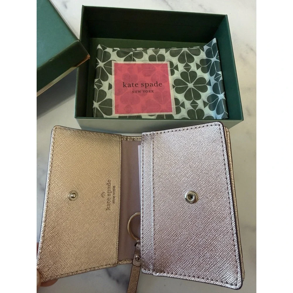 New Kate Spade Staci Metallic Rose Gold Leather Bi Fold Wallet Card Coin Purse